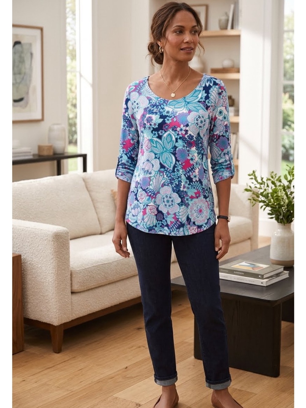 Talbots Roll Tab Sleeve UPF 50+ Tee Floral in Large Petite Modern Classic